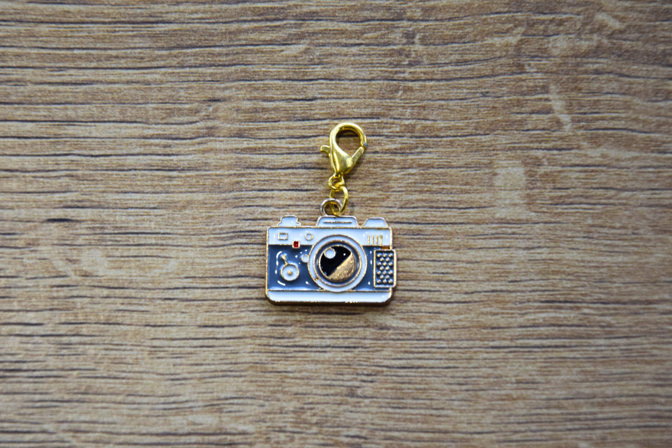 pampille breloque appareil photo rétro blanc et gris